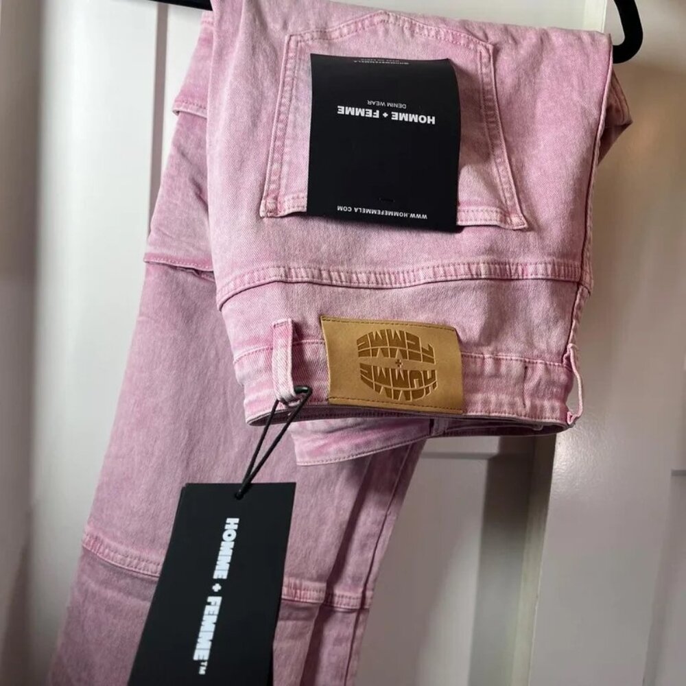 HOMME + FEMME LA distressed flare cargo jeans w/straps washed LIGHT PINK - Picture 4 of 9